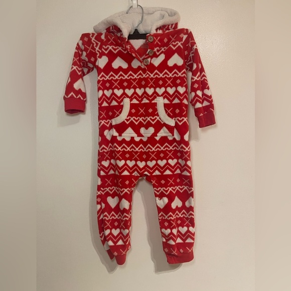 Carter's Other - Carter’s 18M Valentine’s Hooded Fleece Footless One-Piece PJ’s Red White Hearts